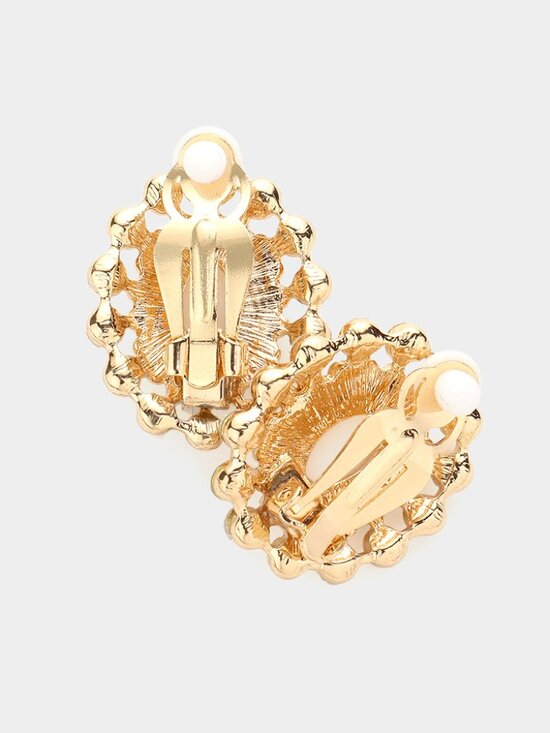 Oval Pearl Centered Bubble Stone Trimmed Pendant Necklace Clip On Earring Set - Picture 2 of 2